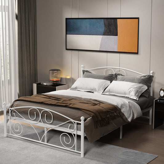 White wrought iron metal bed frame with scroll details and brown throw blanket