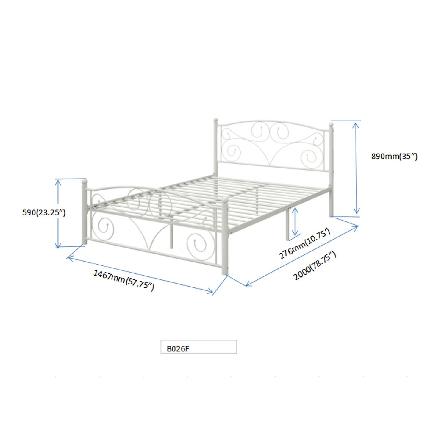 White metal twin bed frame with ornate scroll headboard and footboard
