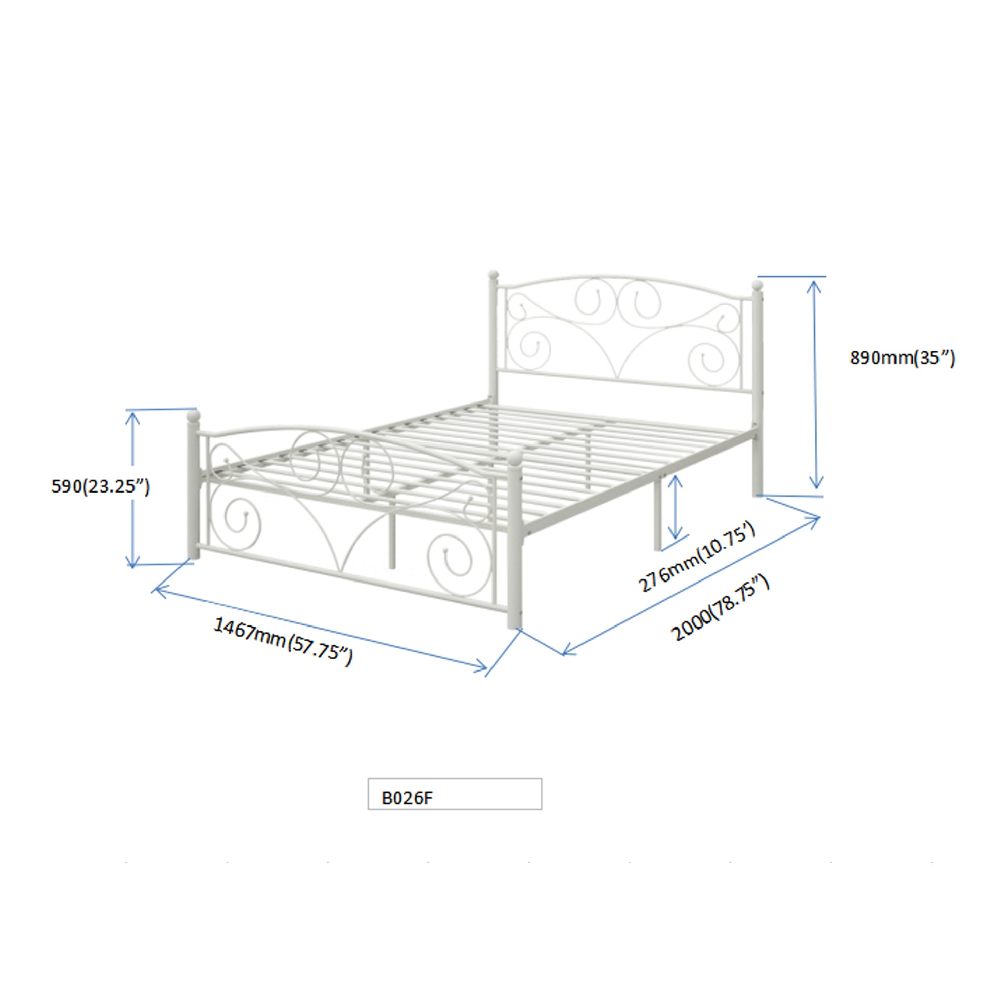 White metal twin bed frame with ornate scroll headboard and footboard