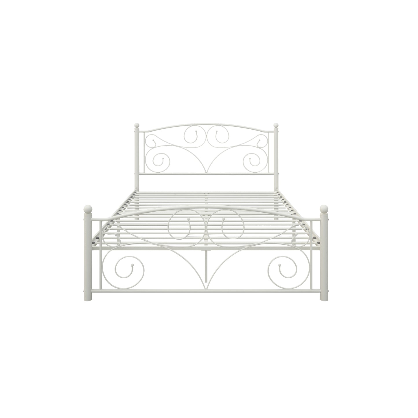 White metal twin bed frame with ornate scrollwork headboard and footboard