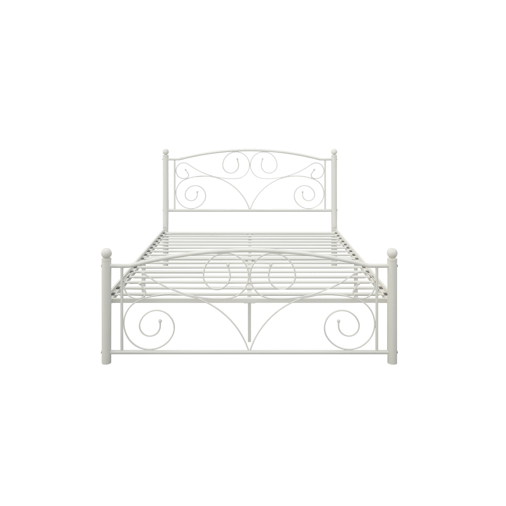 White metal twin bed frame with ornate scrollwork headboard and footboard