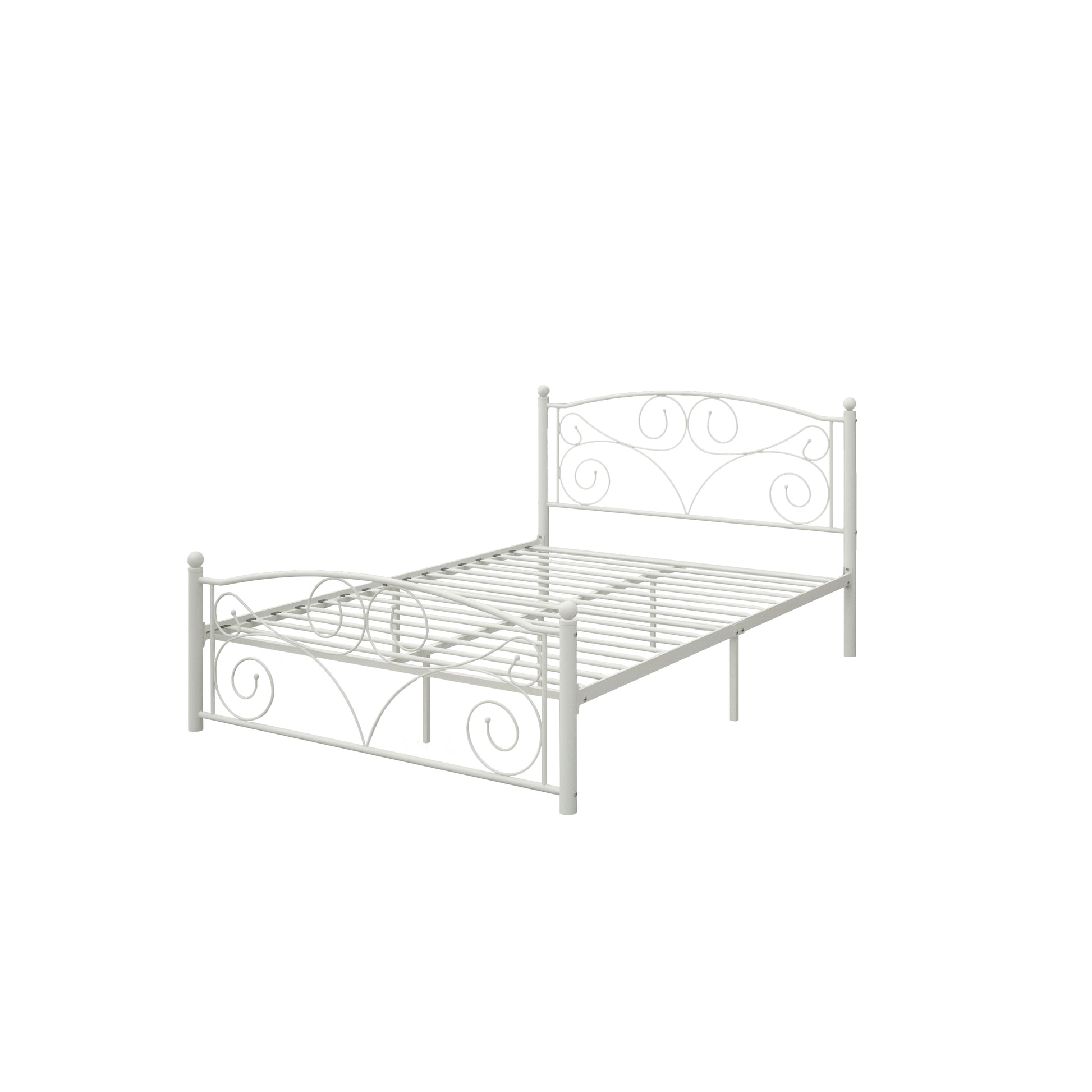 White metal bed frame with scrollwork headboard