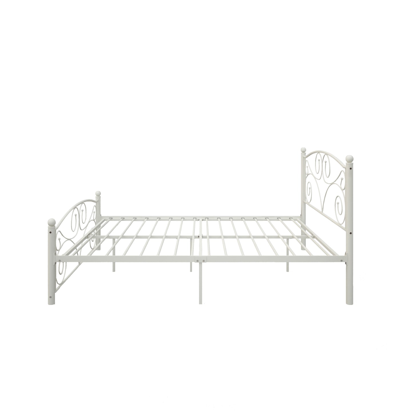 White metal bed frame with ornate scrollwork on headboard and footboard
