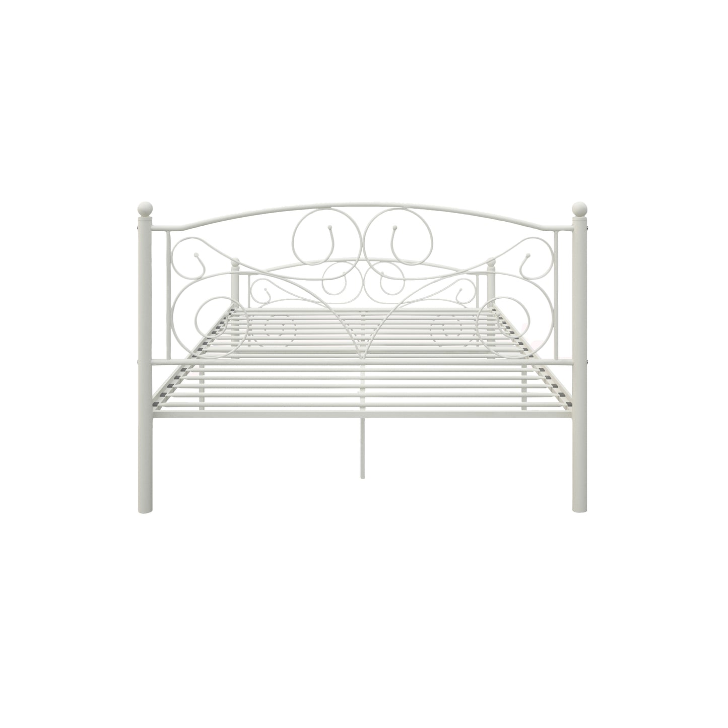 White metal bed frame with ornate scroll headboard perfect for a bedroom