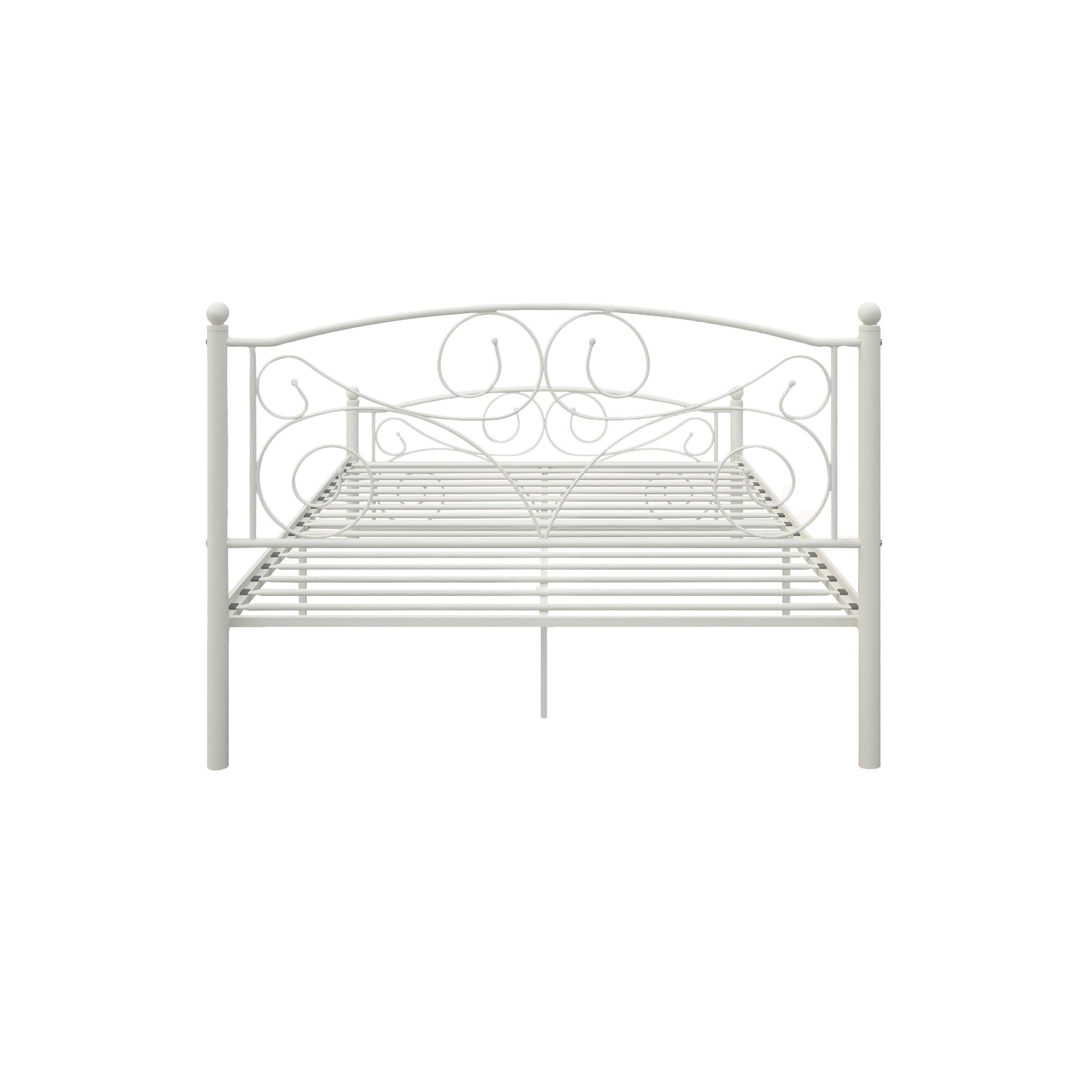 White metal bed frame with ornate scroll headboard perfect for a bedroom
