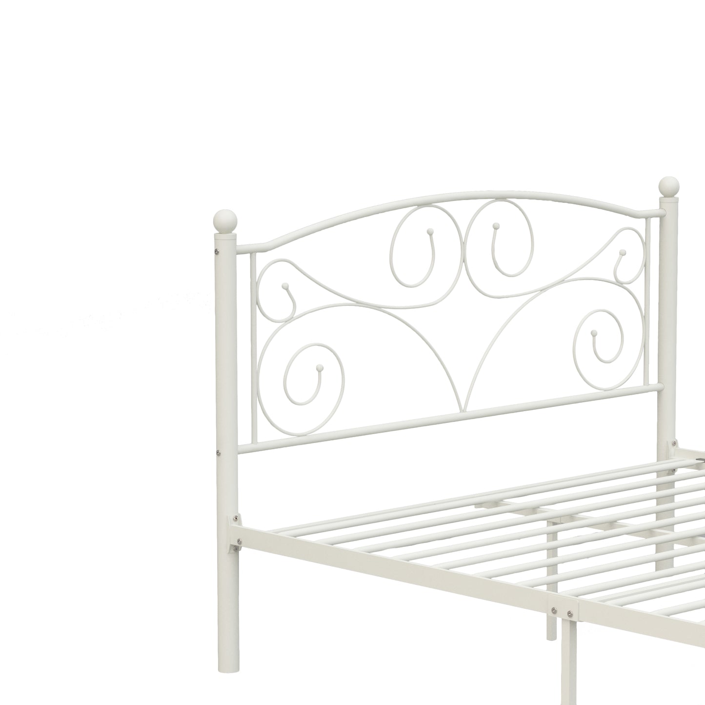 Elegant white metal bed frame with scrolled headboard