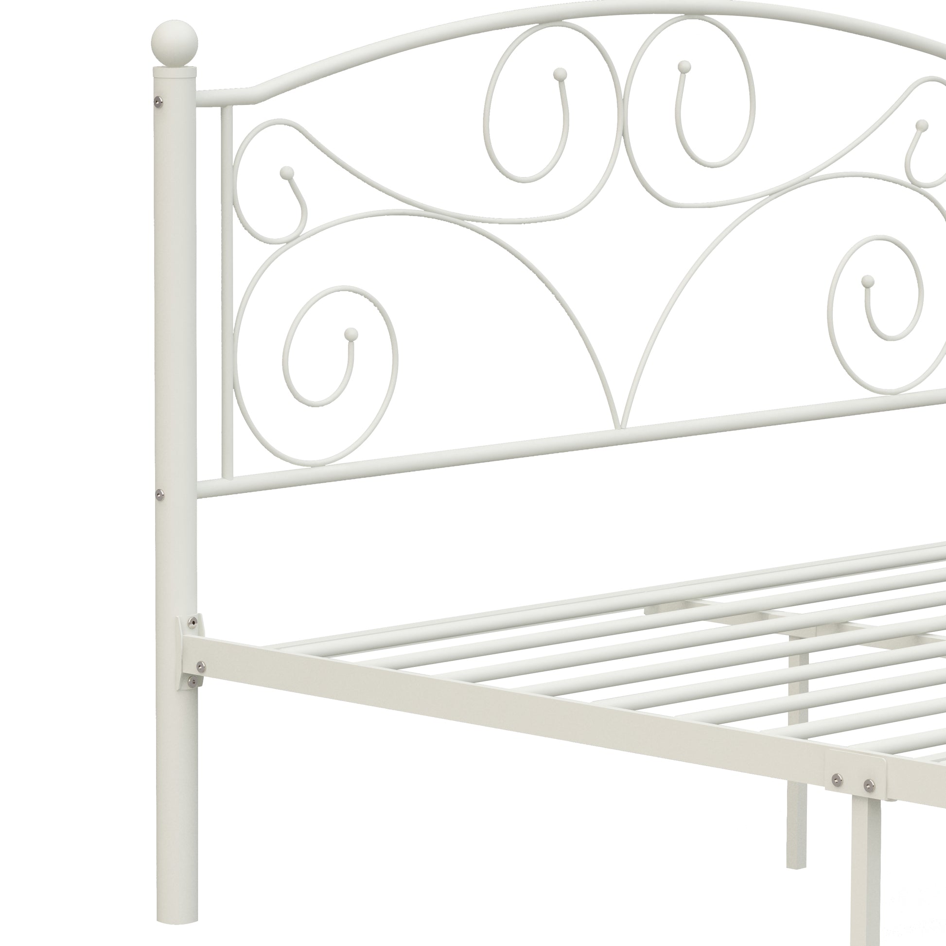 White metal bed frame with ornate scrollwork headboard and metal slat support