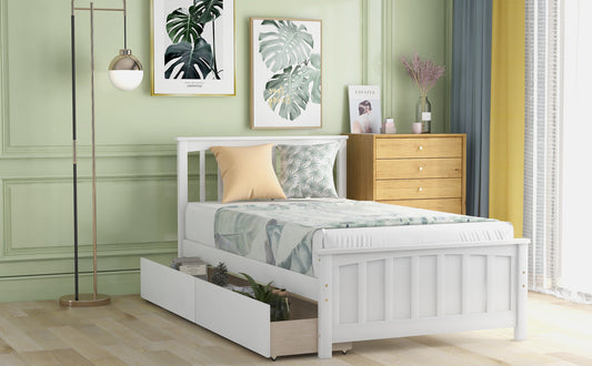 TREATLIFE HOME Twin Size Wood Platform Bed with Two Drawers, No Box Spring Required, Elegant Design, White/Gray