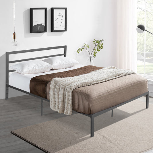 Modern grey metal bed frame with a minimalist headboard and sleek lines
