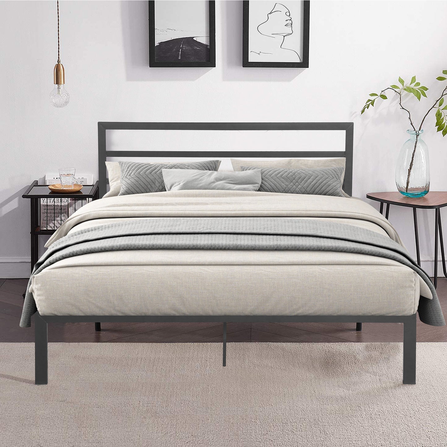 Modern grey metal bed frame with minimalist headboard and upholstered mattress
