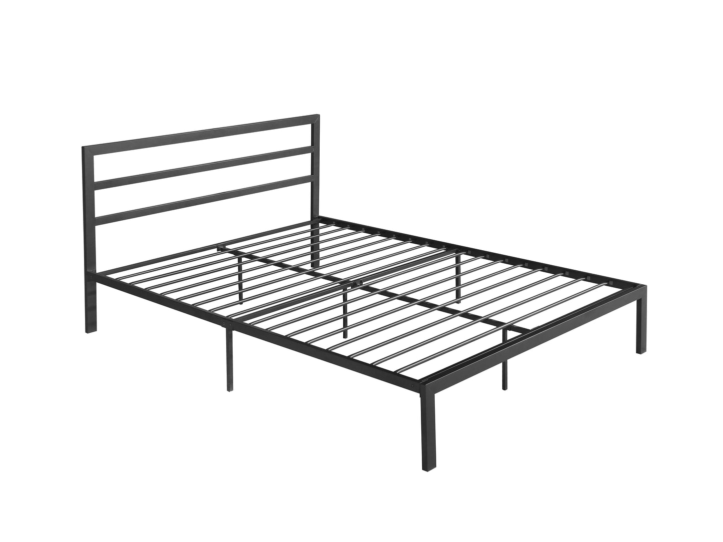 Black metal platform bed frame with horizontal headboard