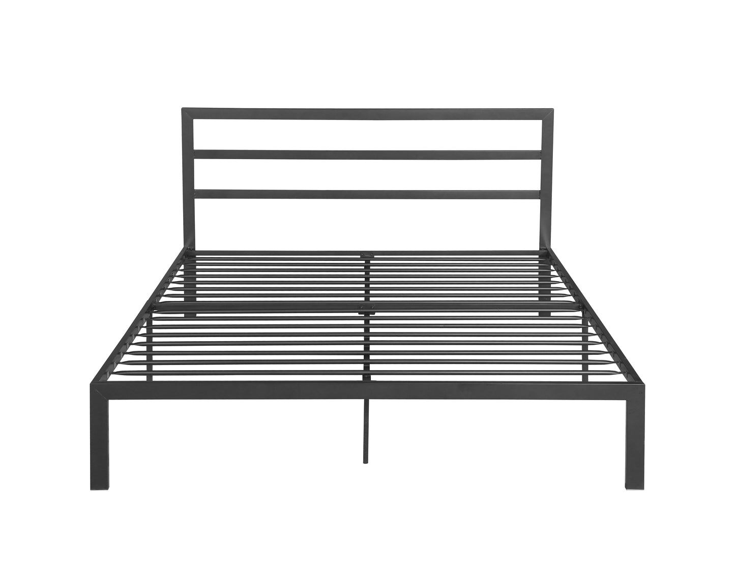 Black metal bed frame with horizontal slats and minimalist headboard
