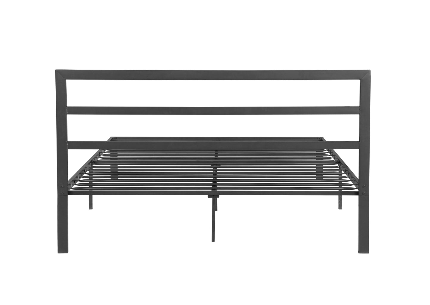 Minimalist black metal bed frame with slatted platform support