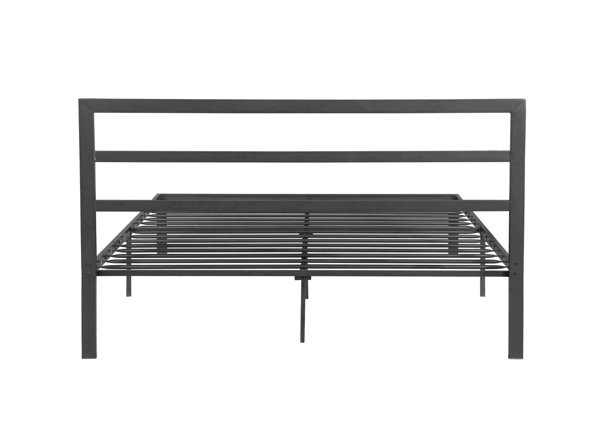 Minimalist black metal bed frame with slatted platform support