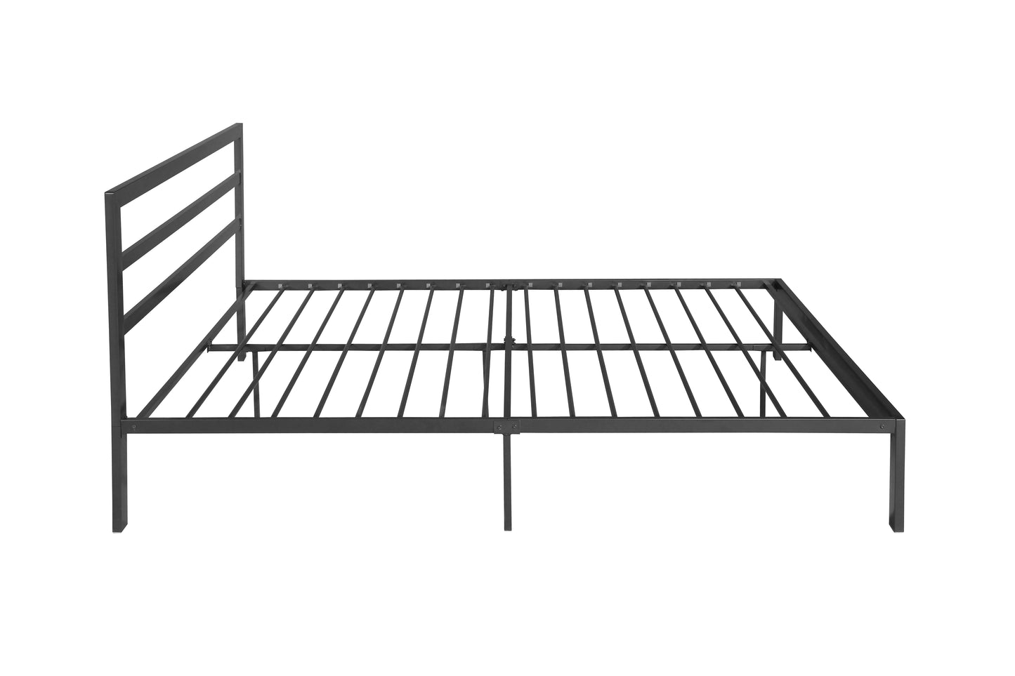 Black metal bed frame with a minimalist headboard and slatted base