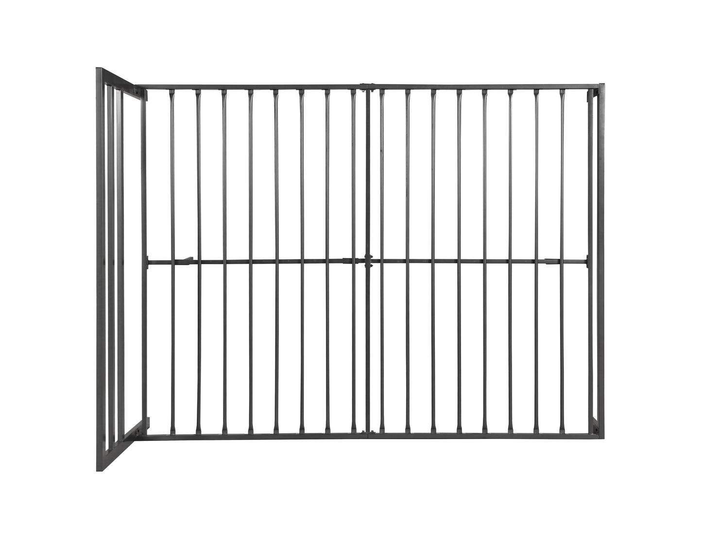 Black metal pet gate with two hinged panels