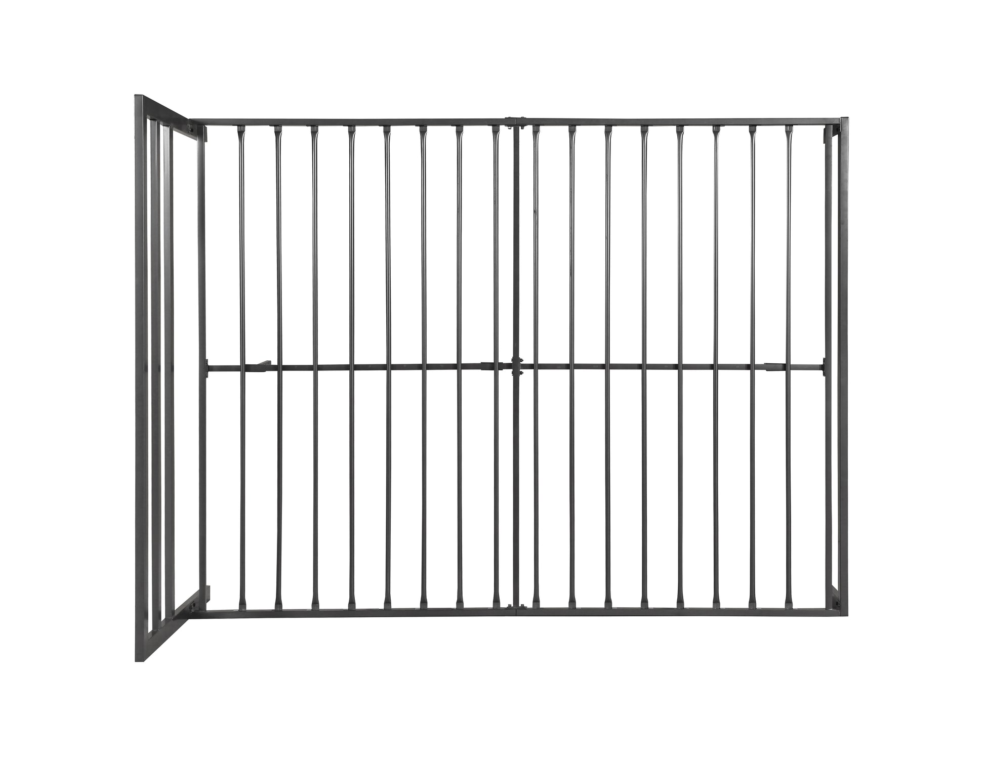 Black metal pet gate with two hinged panels