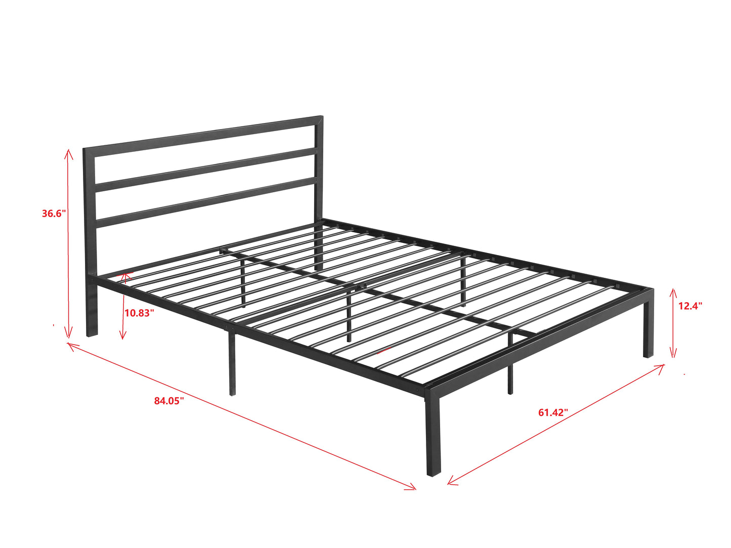 Black metal platform bed frame with horizontal slats and a minimalist headboard
