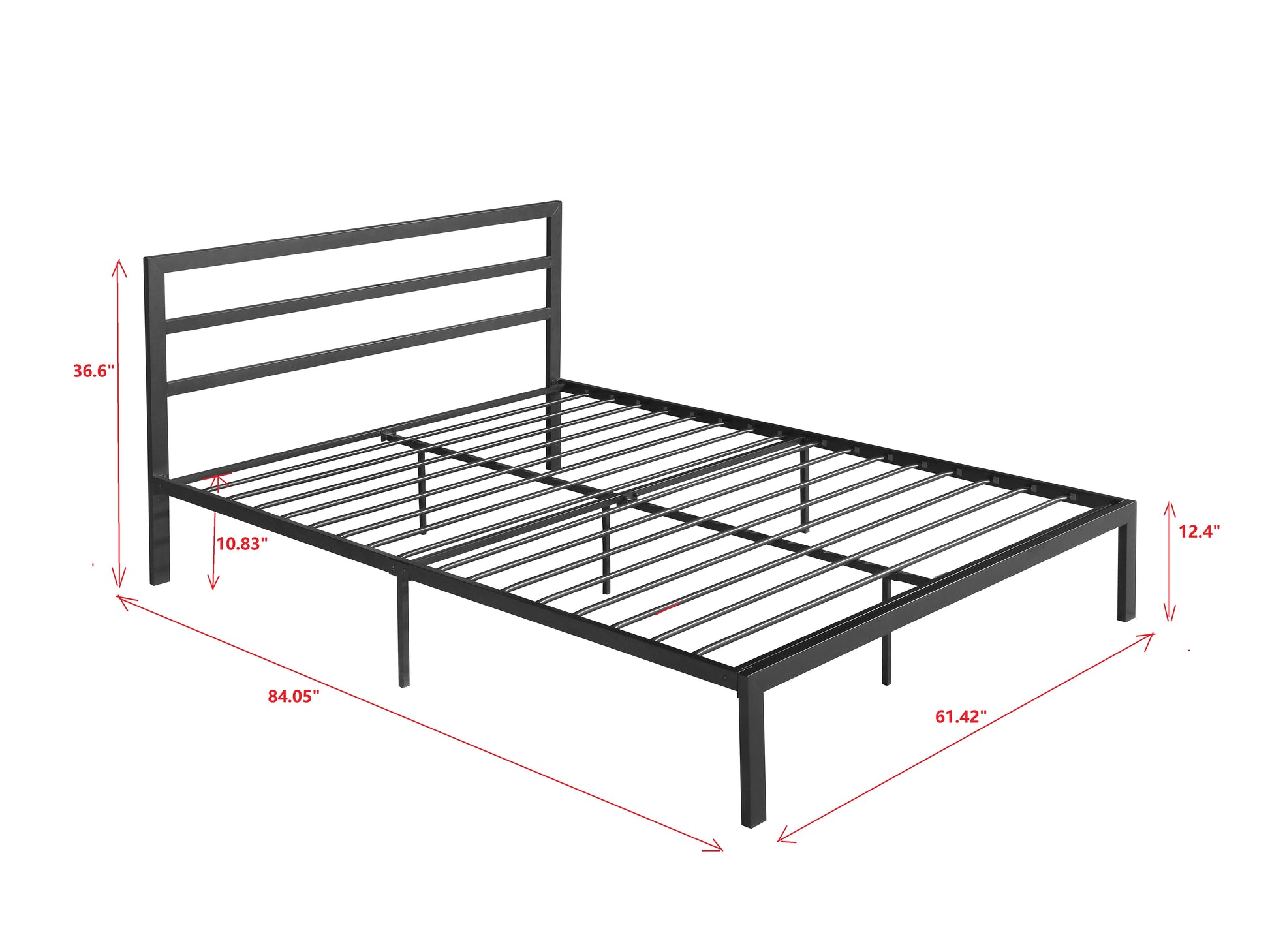 Black metal platform bed frame with horizontal slats and a minimalist headboard