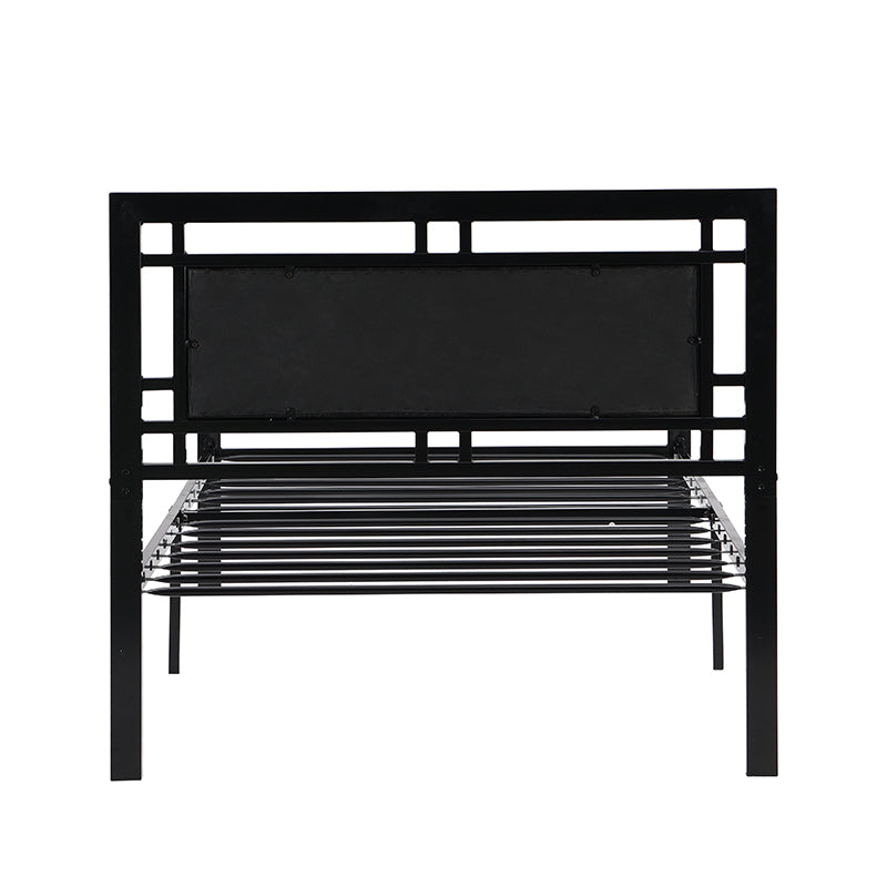 Black metal twin bed frame with upholstered headboard and slatted base