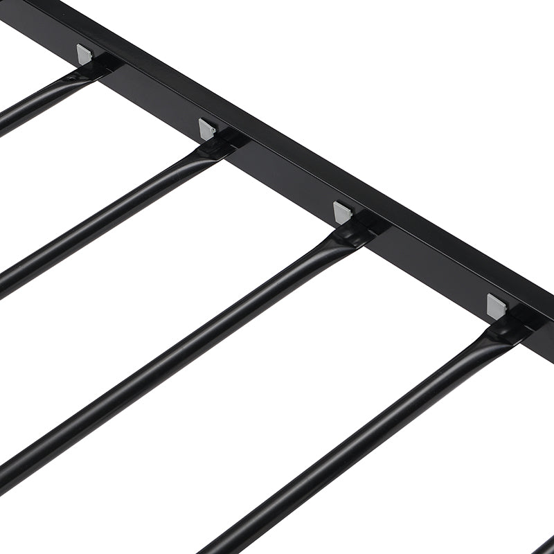 Black metal bed frame slats with clips for mattress support