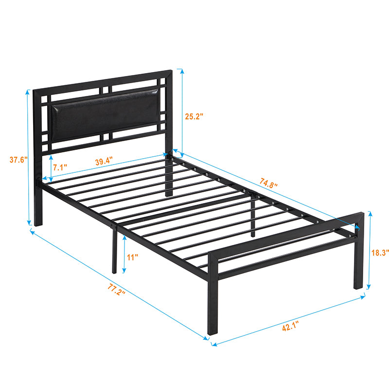 Black metal twin bed frame with upholstered headboard