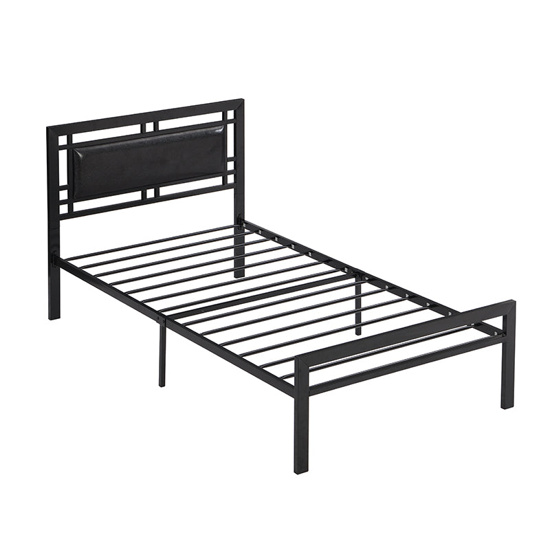 Black metal twin bed frame with padded headboard