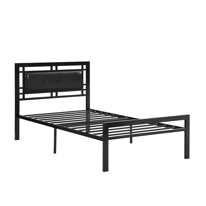Black metal twin bed frame with upholstered headboard and slats