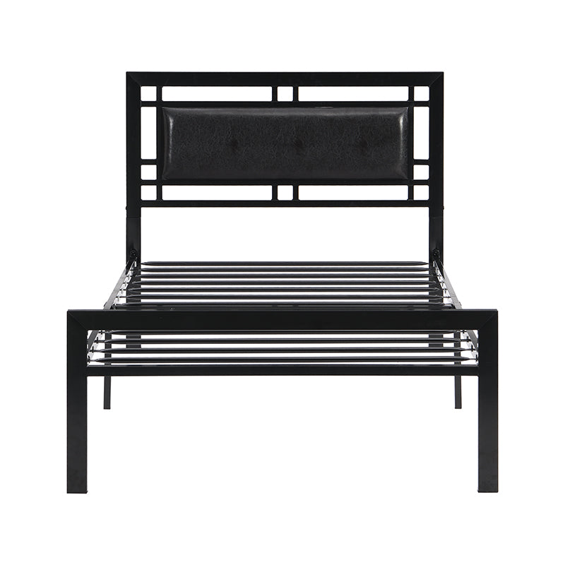 Black metal twin bed frame with upholstered headboard