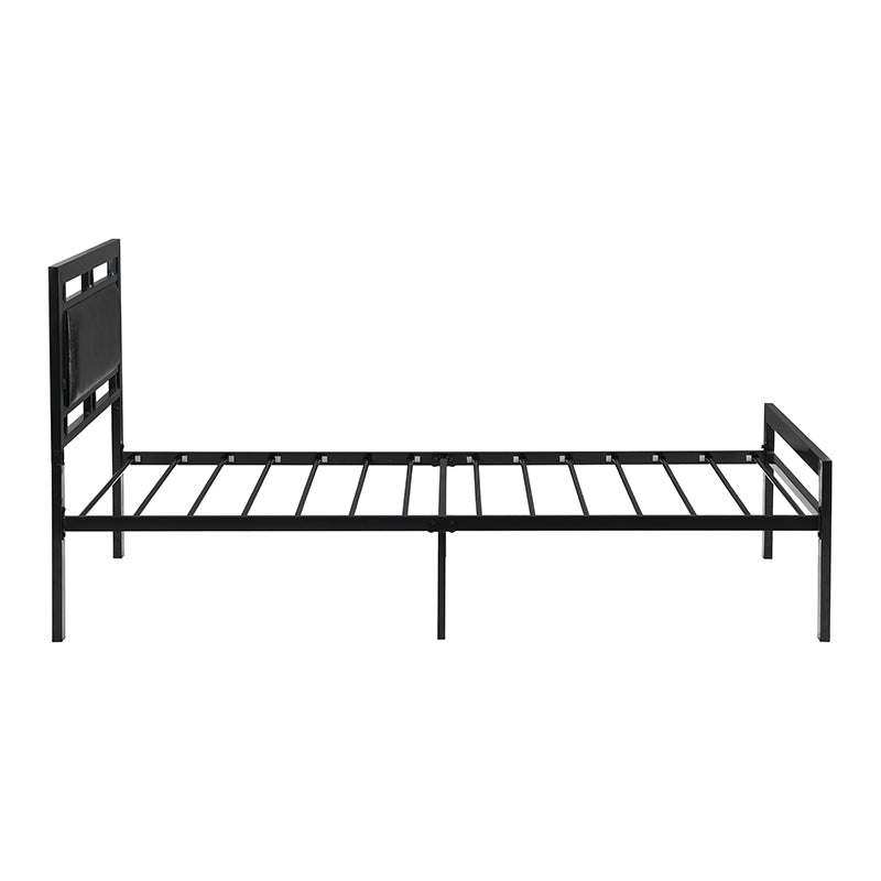 Black metal twin bed frame with upholstered headboard and sturdy metal slats