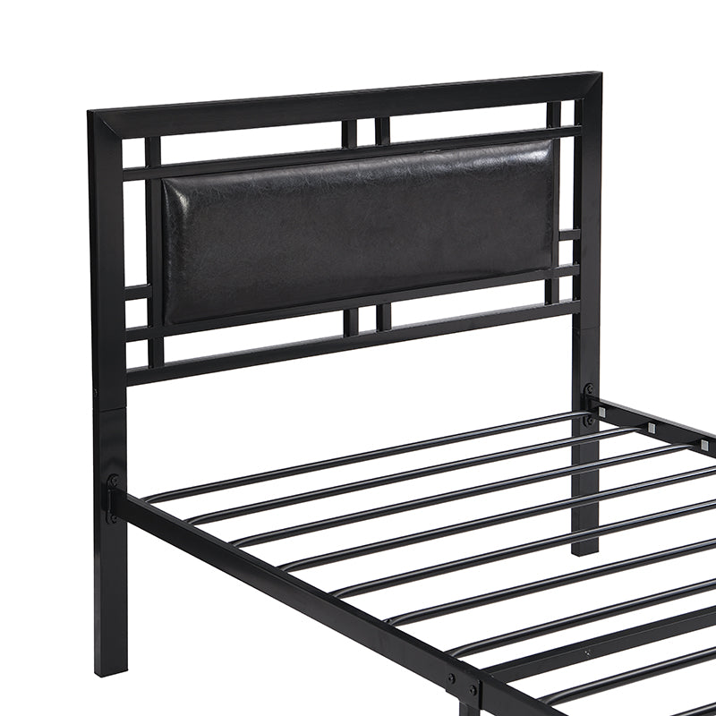 Black metal bed frame with upholstered headboard