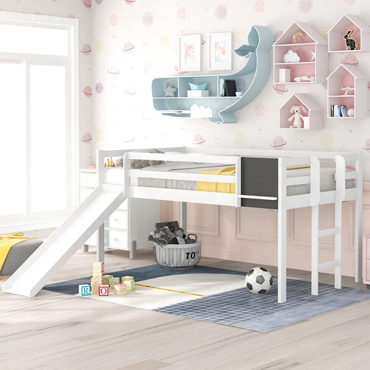 TREATLIFE HOME Twin Size Loft Bed with Slide, Convertible Ladder, and Chalkboard, Sturdy Wood Frame, White Finish