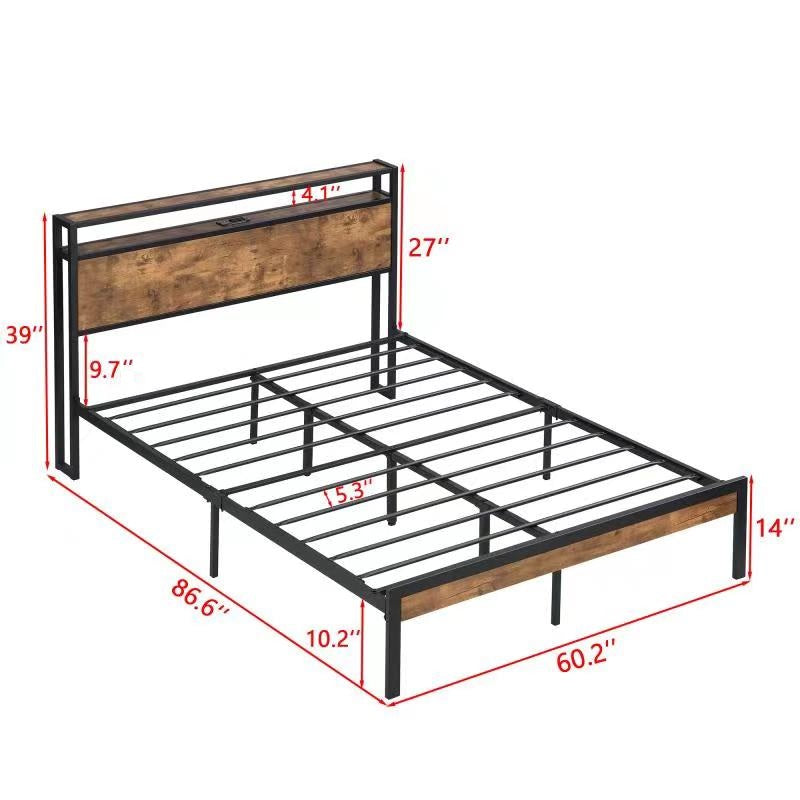 Rustic industrial queen bed frame with wooden headboard and metal frame