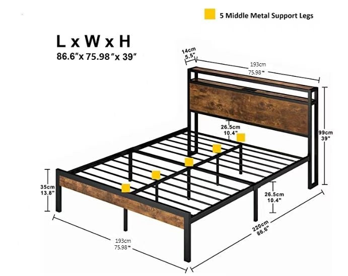 Rustic wood and black metal bed frame with headboard