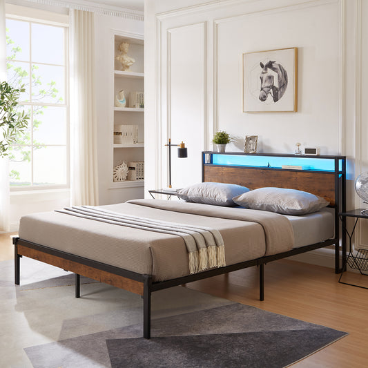 Industrial queen bed frame with rustic wood headboard and blue LED lighting