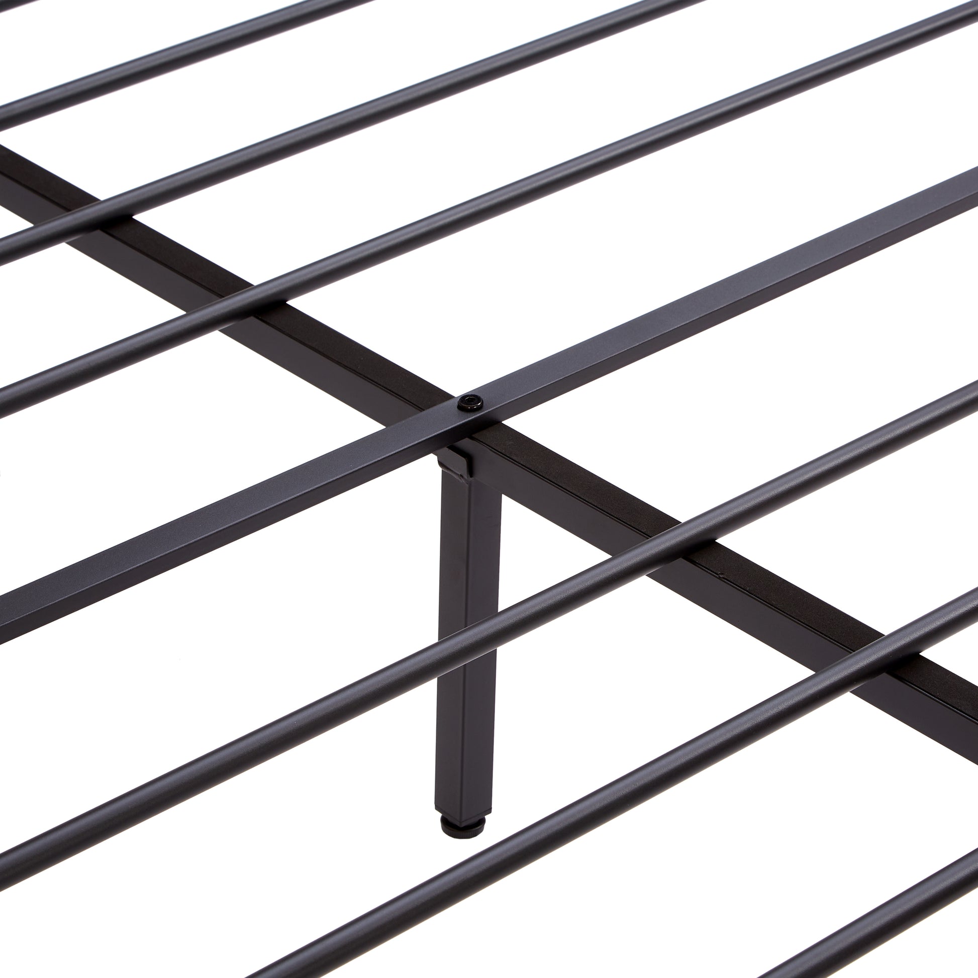 Black metal bed frame slat detail with support leg