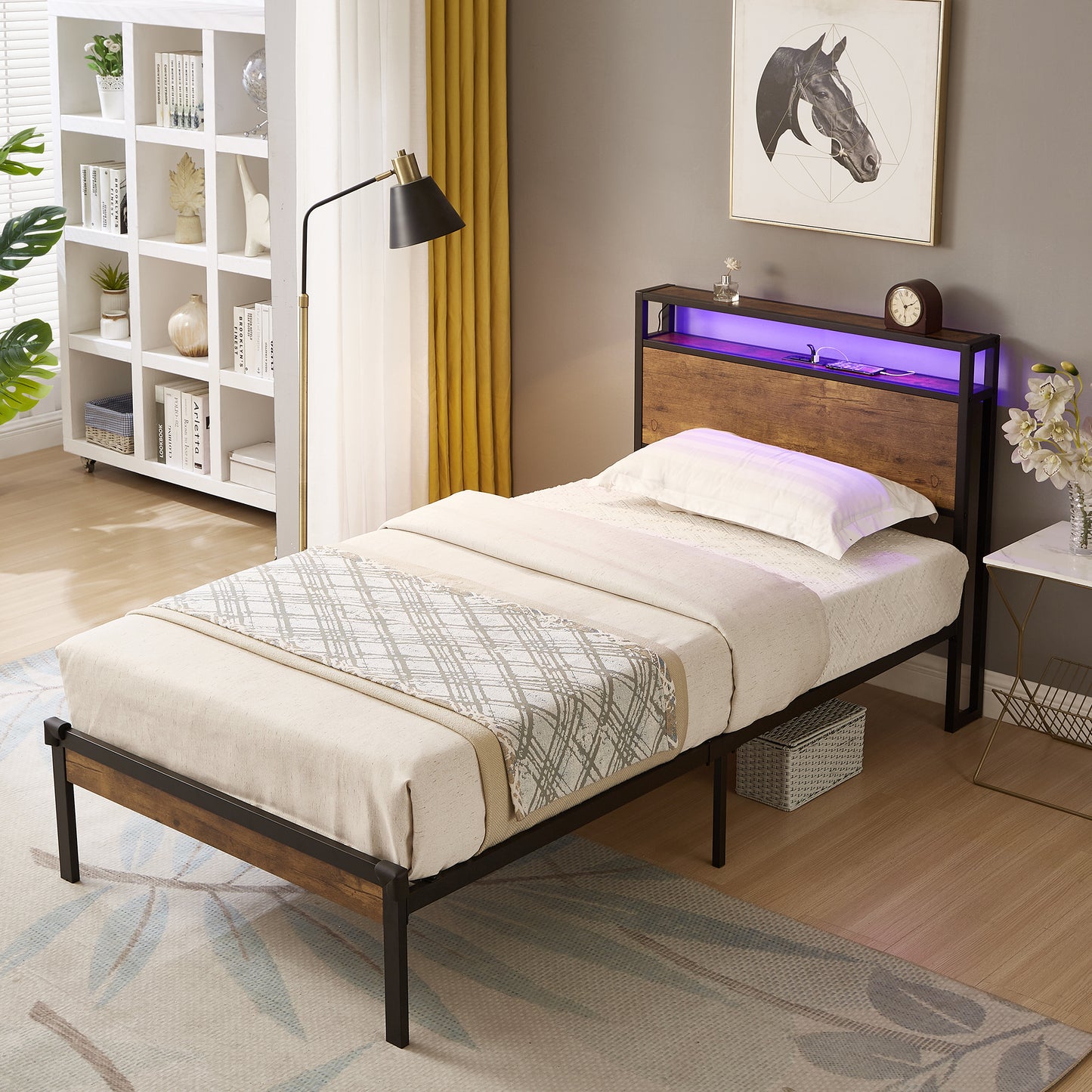 Modern platform bed with wooden headboard and purple LED lights