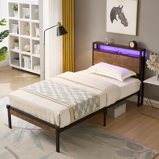 Modern platform bed with wooden headboard and purple LED lights