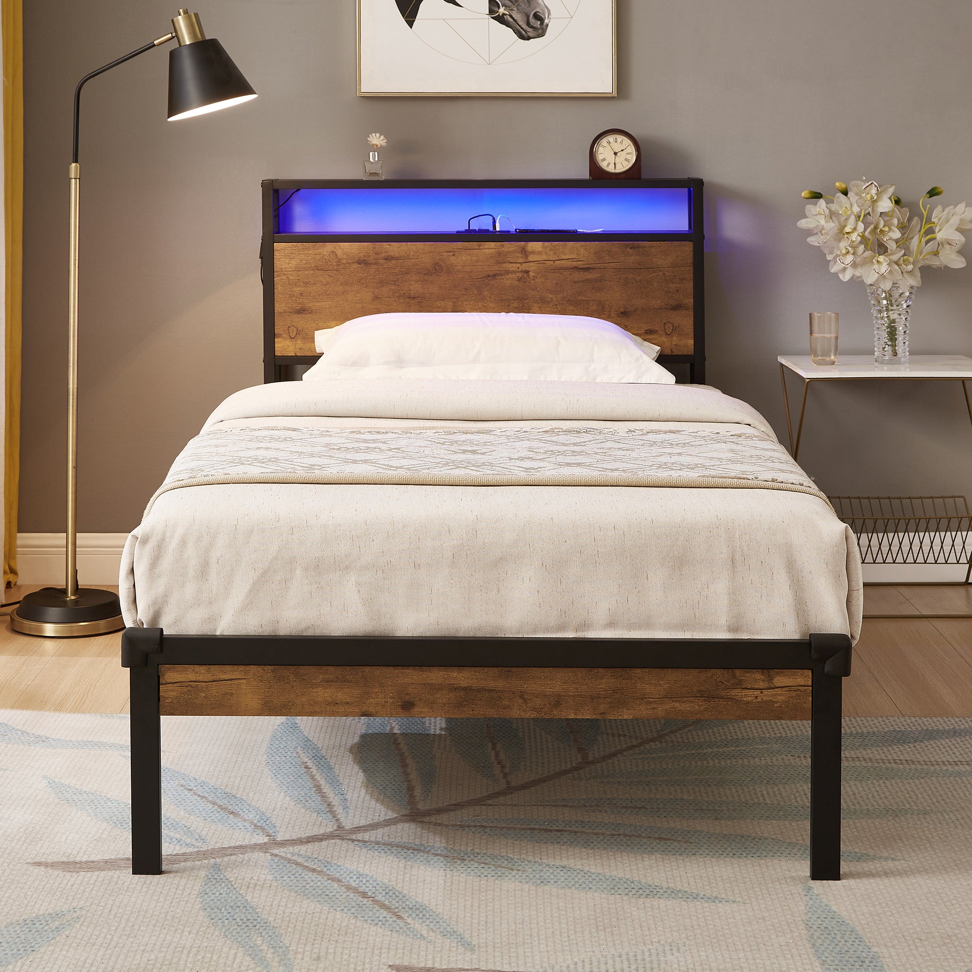 Rustic wood and black metal twin bed frame with blue LED headboard lighting