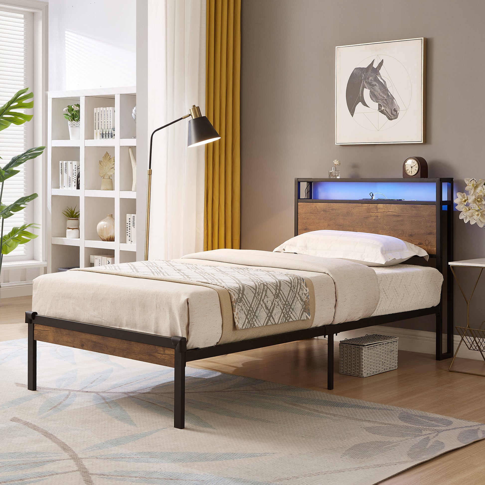 Rustic wood and metal twin bed frame with blue LED headboard light