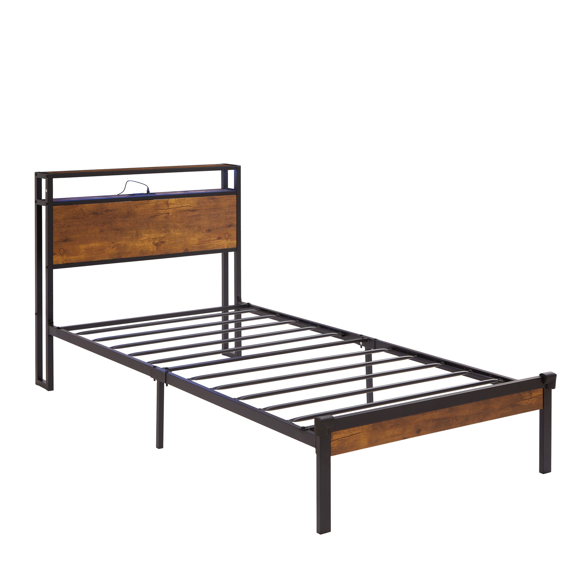 Metal twin bed frame with rustic wood headboard and USB charging