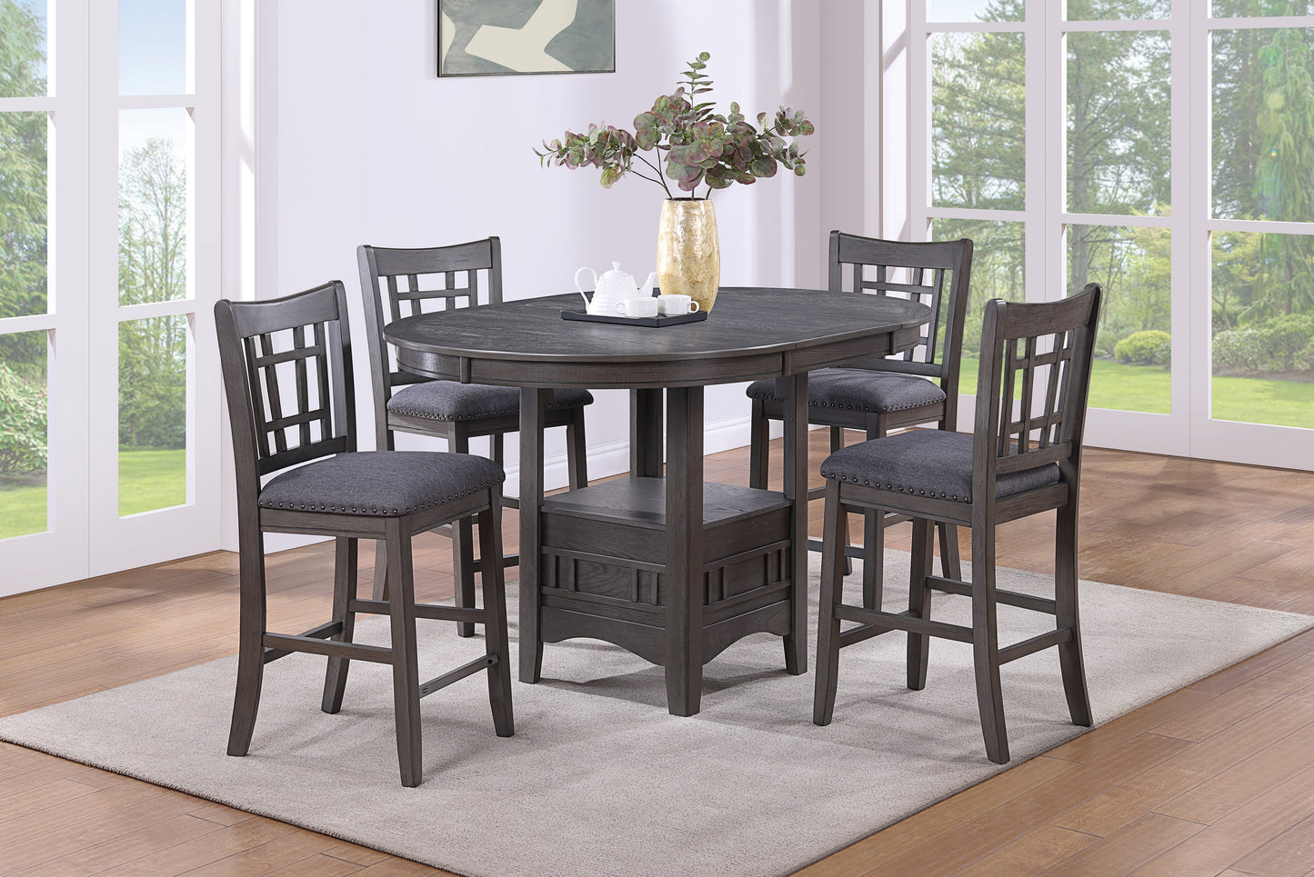 TREATLIFE HOME Contemporary Dining Room Counter Height 5pc Dining Set with Round Table and Leaf, Gray Finish, Solid Wood