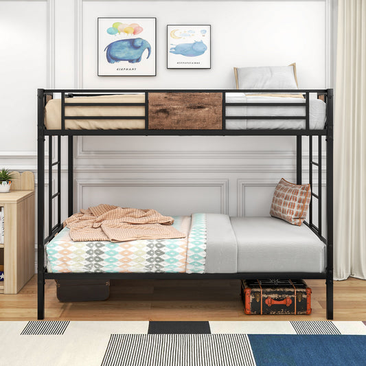 Black metal twin over twin bunk bed with wooden accents and patterned bedding