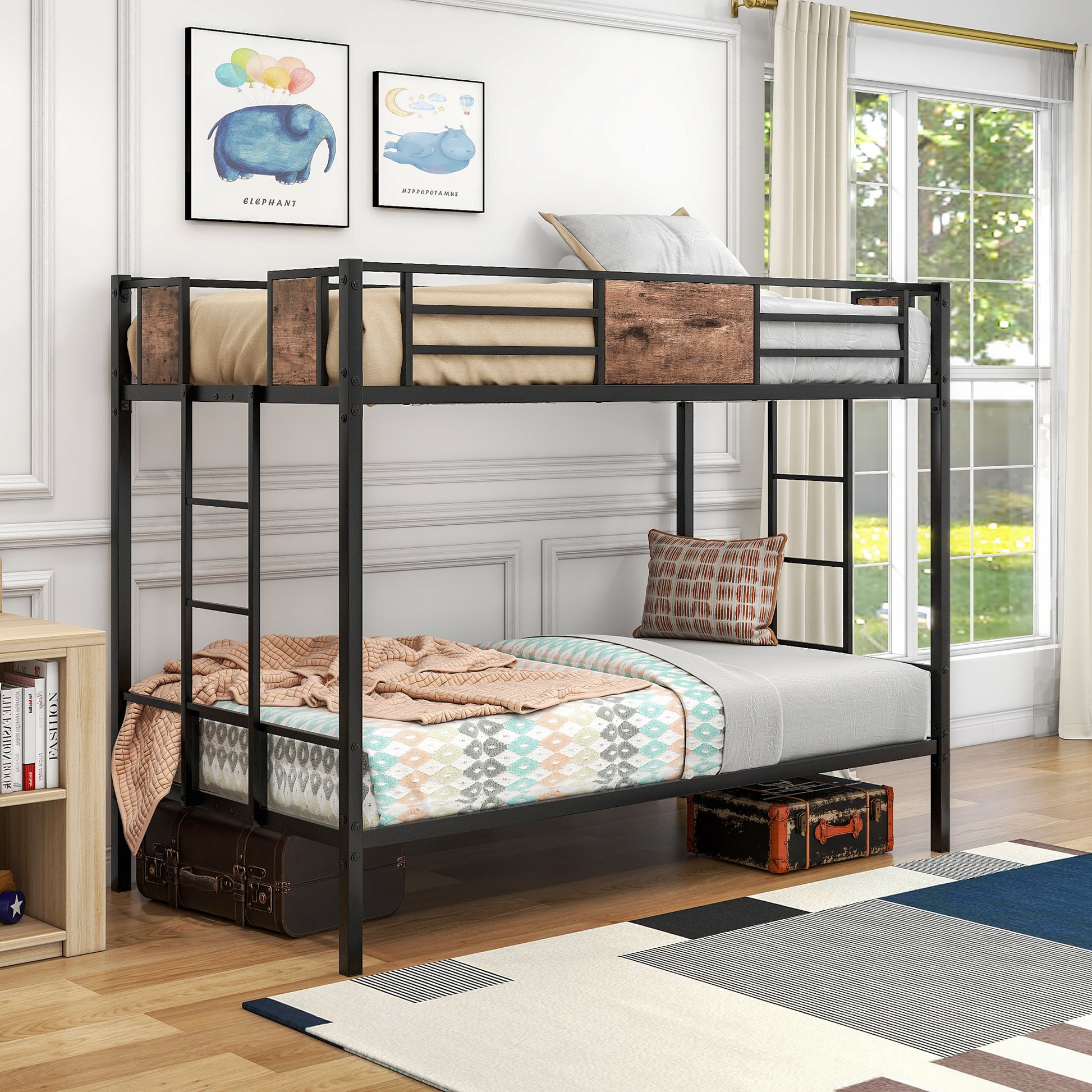 Black metal bunk bed with rustic wood accents and twin size mattresses