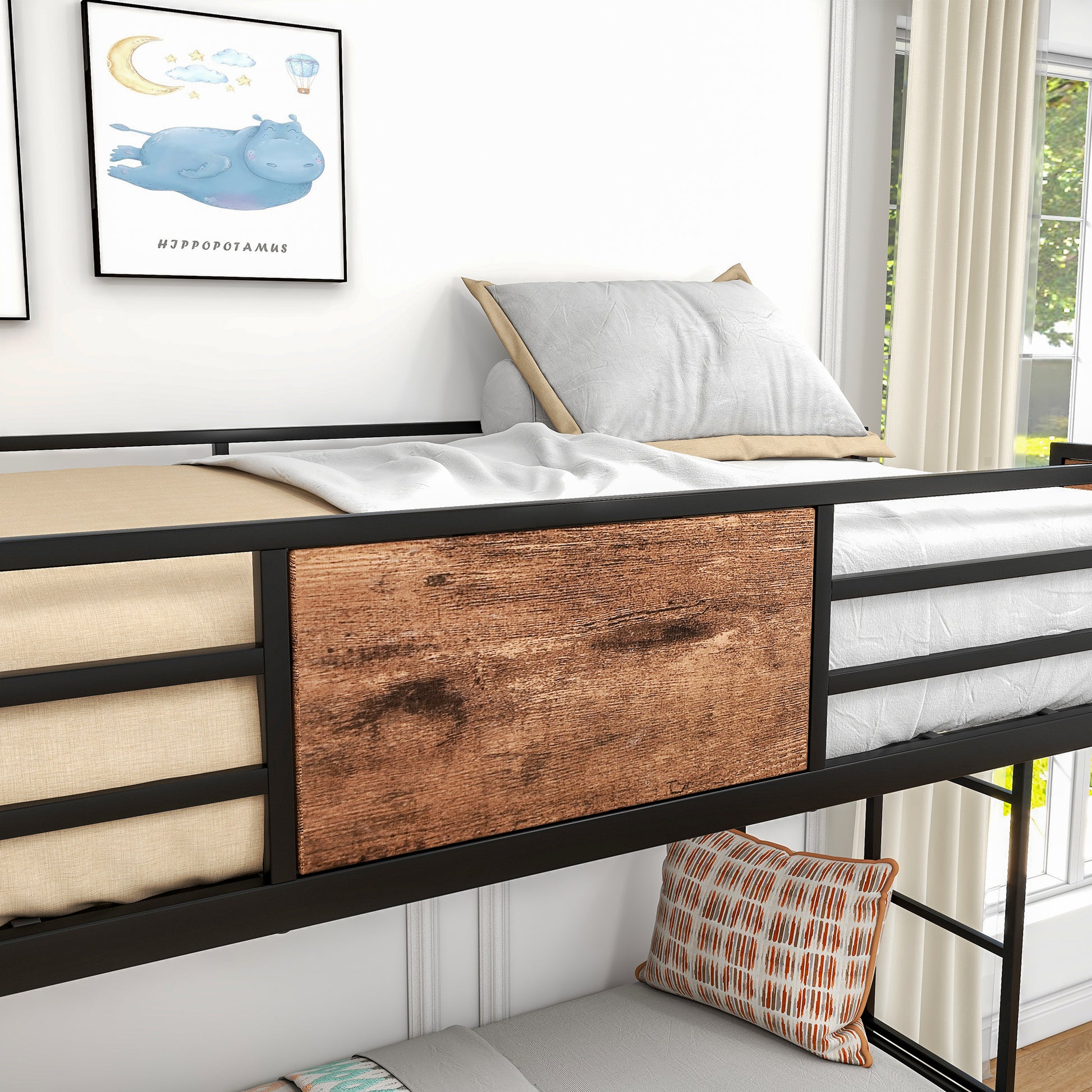 Black metal bunk bed frame with textured wood panel and beige fabric accents