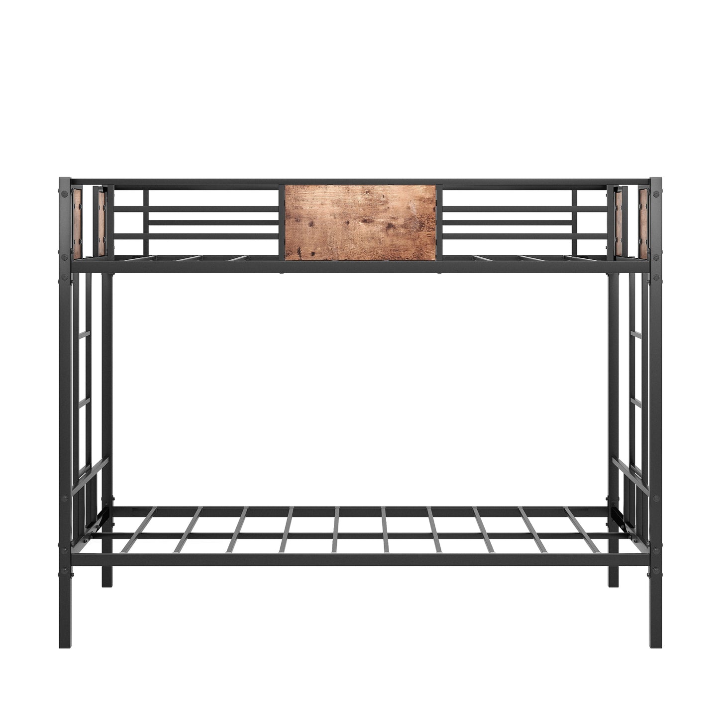 Black metal bunk bed with wooden headboard accent