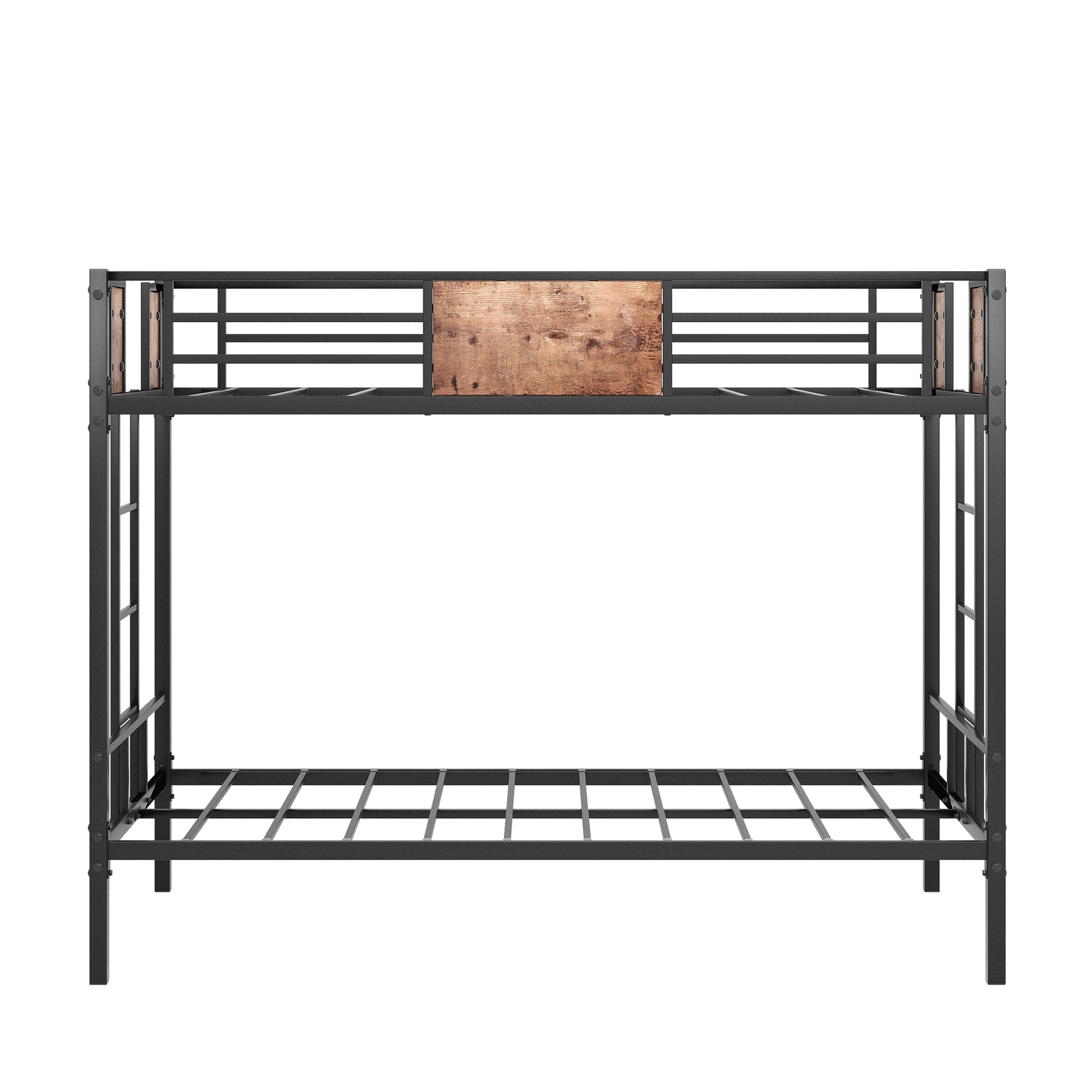 Black metal bunk bed with wooden headboard accent