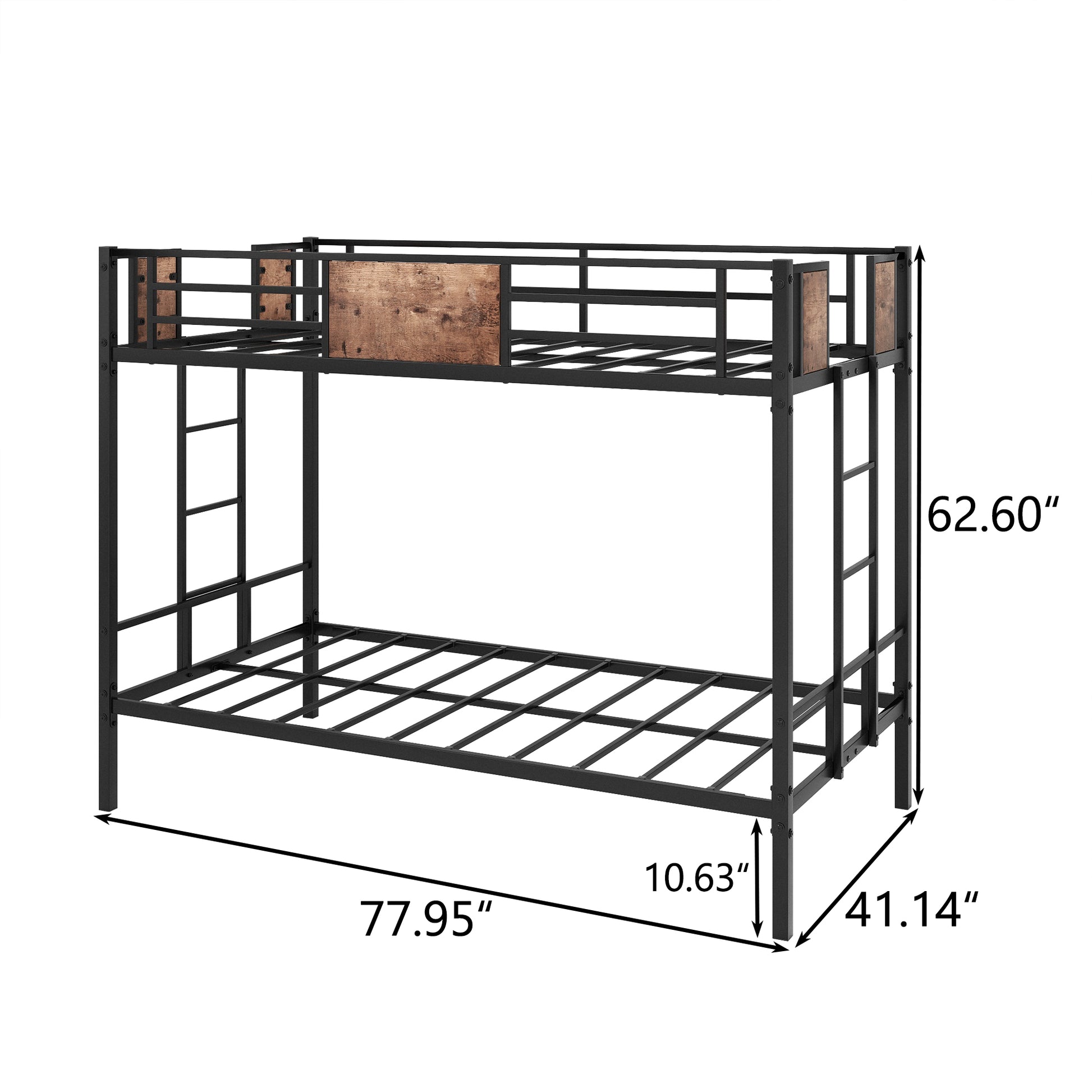 Black metal twin bunk bed with rustic wood accents and ladder