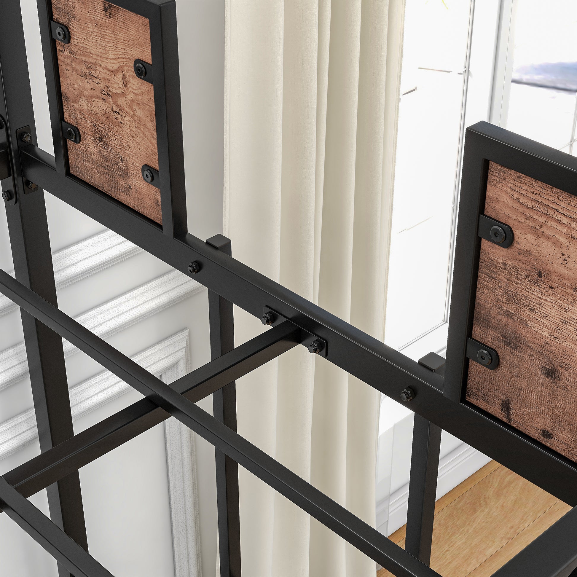 Industrial style metal bed frame with rustic wood headboard detail