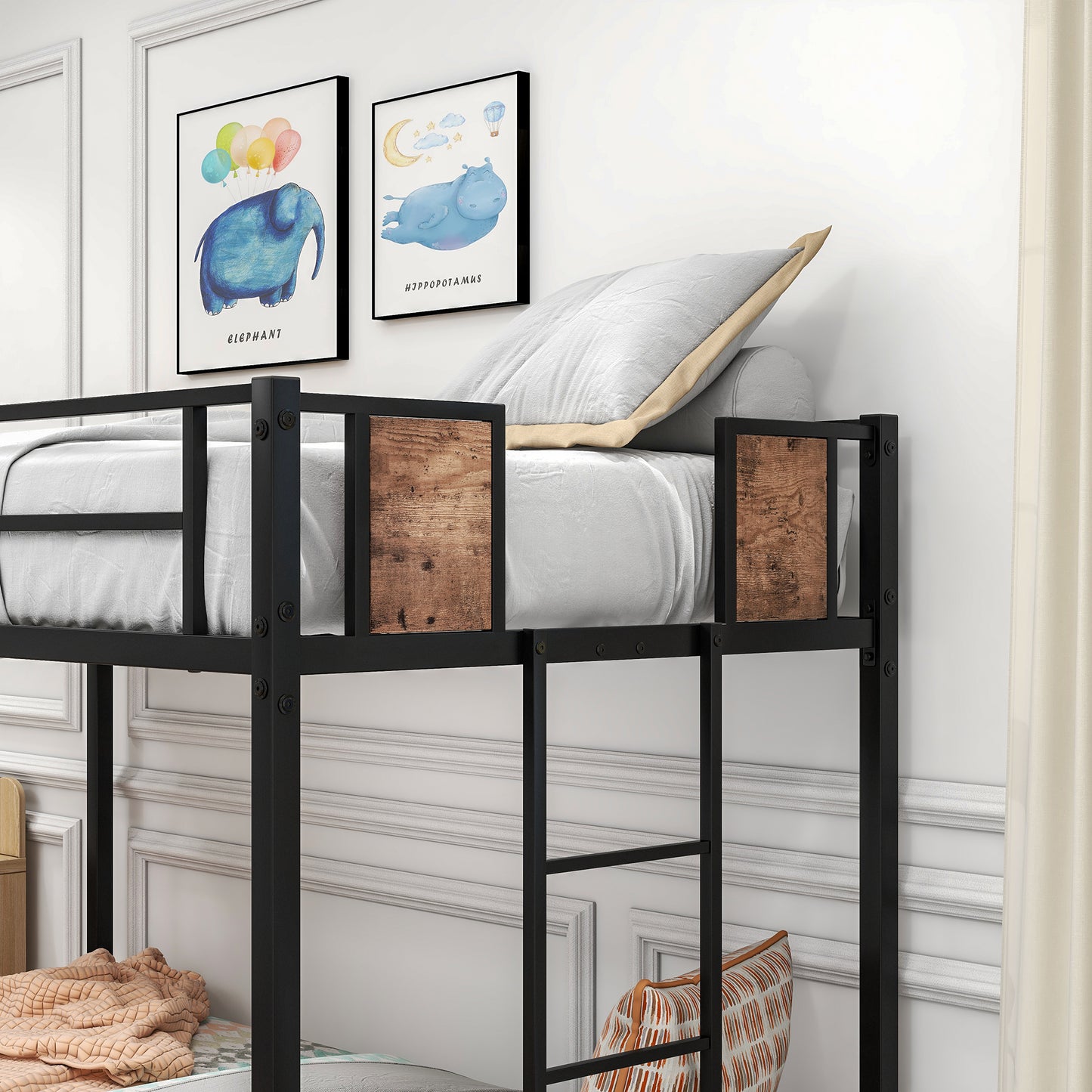 Black metal bunk bed with rustic wood accents and white bedding